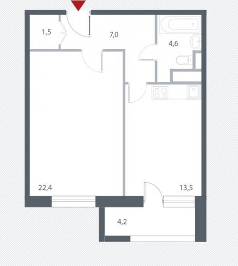 Однокомнатная квартира 51.6 м²